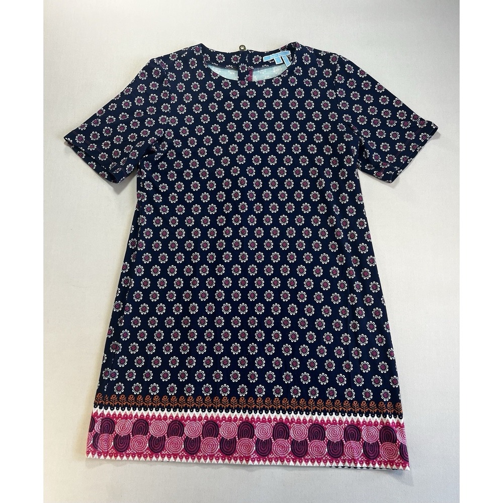 Draper James Navy Blue Floral Border Print Shift Dress Gold Zipper Size L